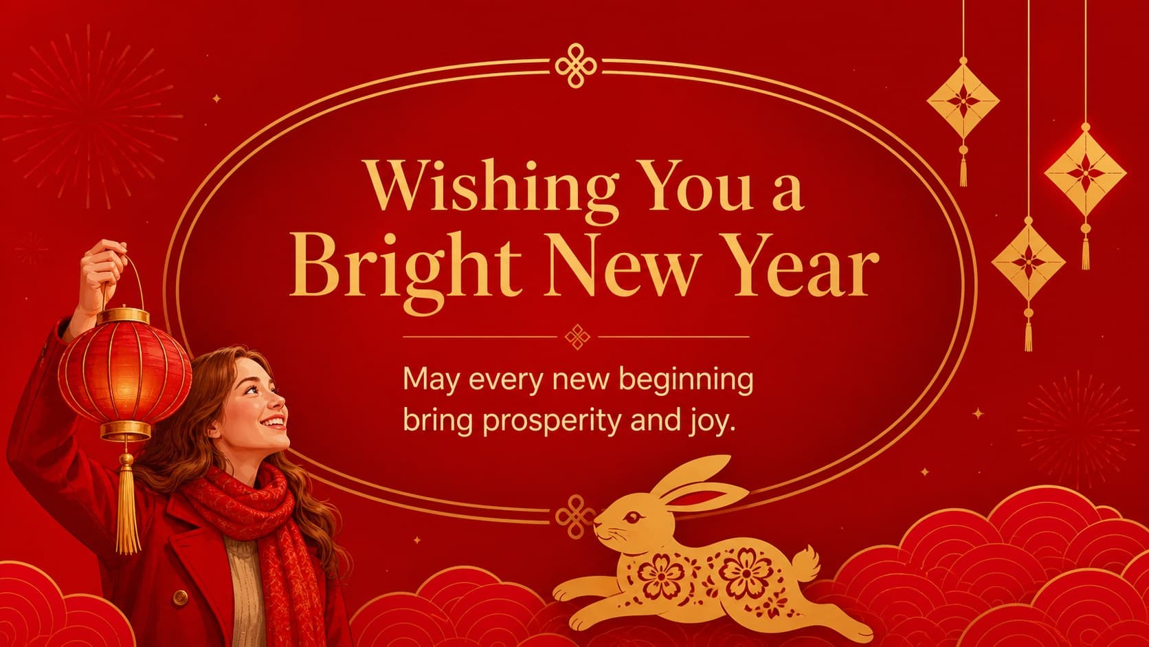 Lunar New Year greeting slide featuring a concise company message in a red and gold design.