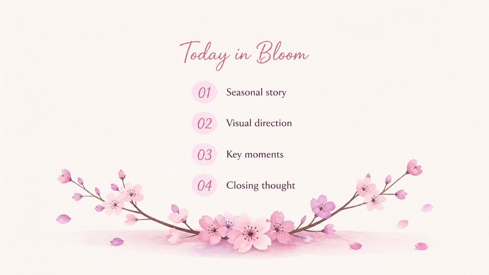 Agenda slide outlining a spring sakura presentation deck with watercolor petals and four presentation sections.