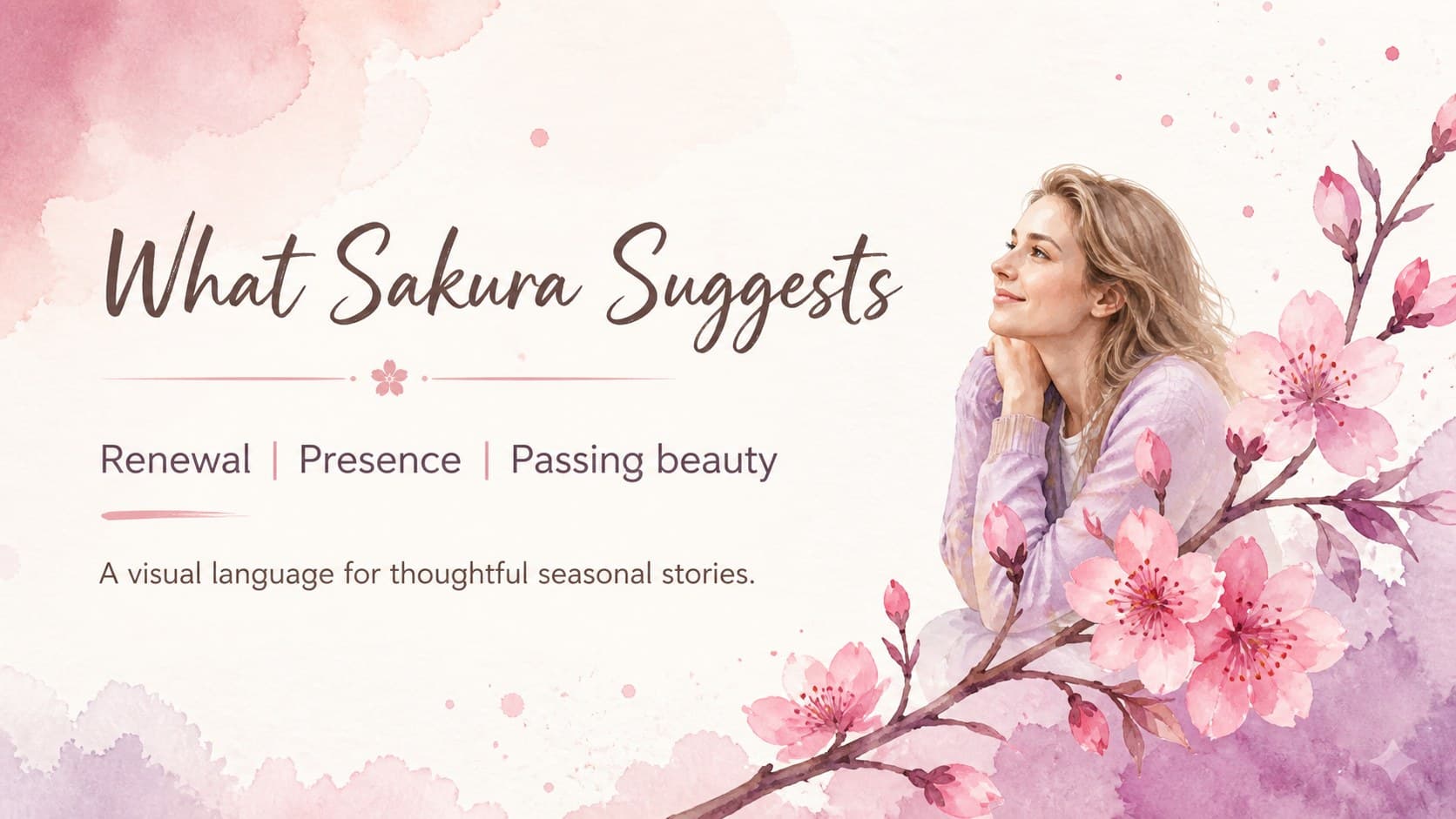 Content slide explaining spring sakura symbolism with a watercolor branch, short notes, and supporting labels.