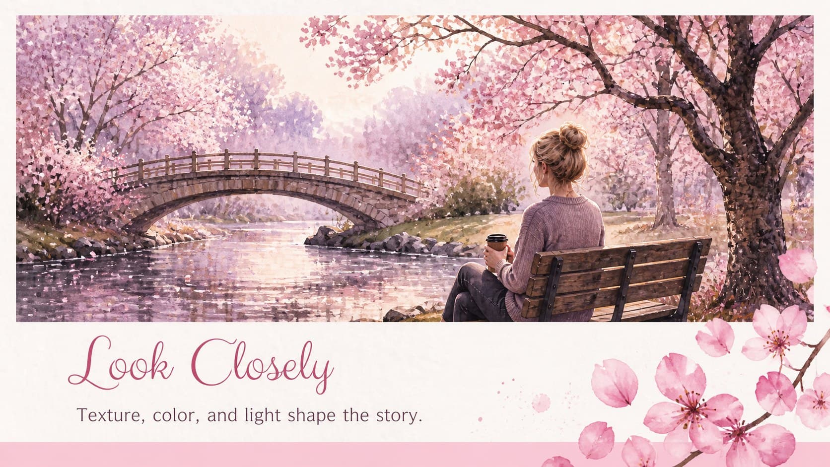 Image-led slide in a watercolor sakura deck featuring a large blossom photograph area and a concise caption.