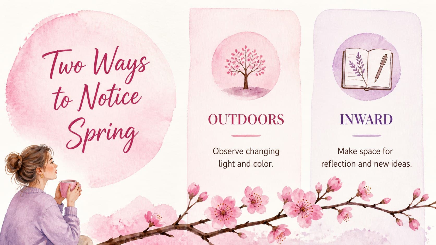 Two-column comparison slide for a spring sakura presentation deck with pastel floral accents and contrasting ideas.