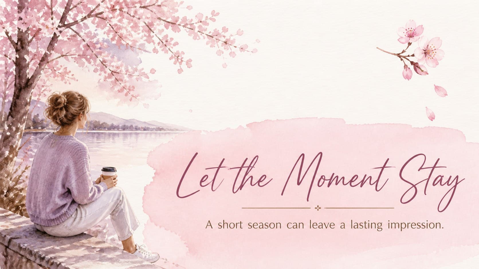 Quote slide with a reflective spring message, pale watercolor wash, and delicate sakura decoration.