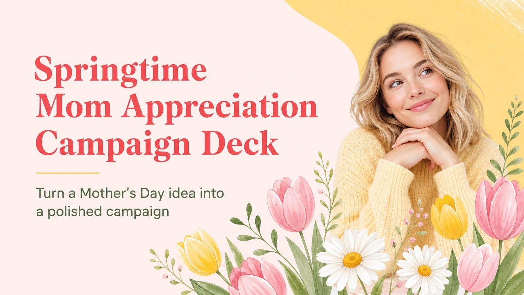 Cover of the Springtime Mom Appreciation Campaign Deck with pastel flowers and sunny yellow accents.