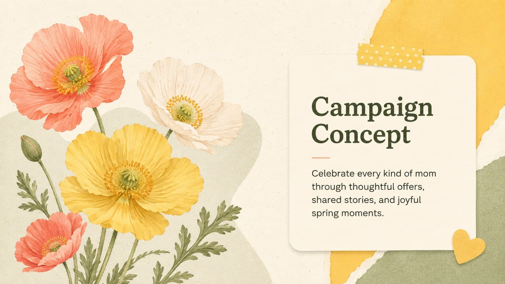 Campaign concept slide outlining a warm Mother's Day seasonal promotion with pastel floral illustrations.