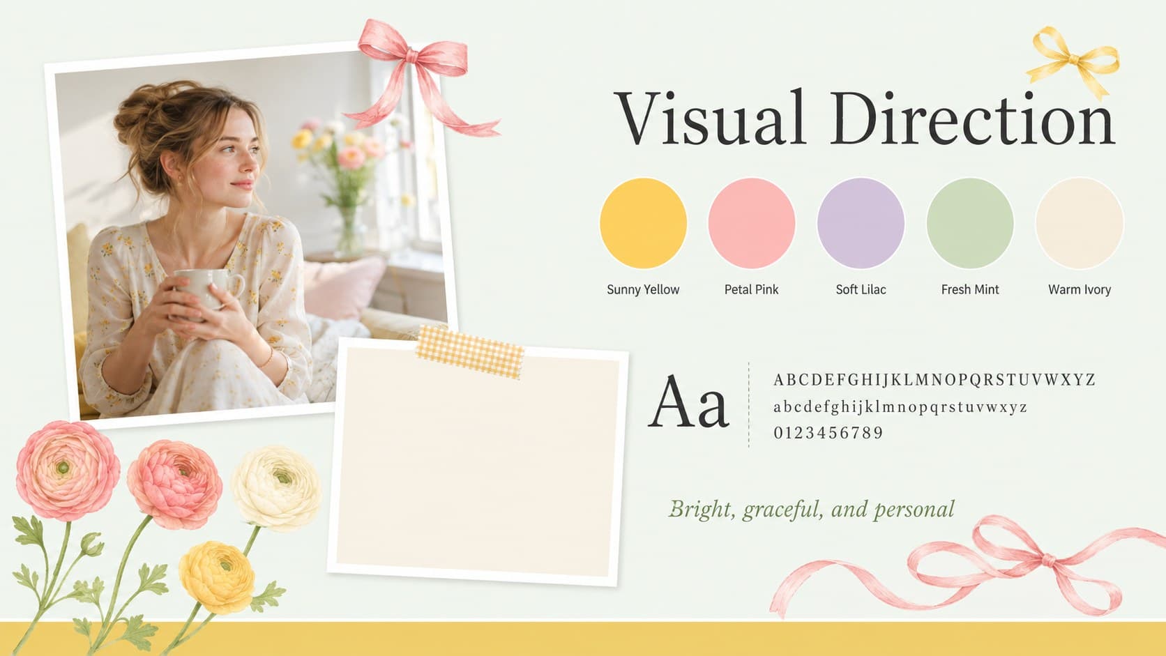 Visual direction board showing pastel colors, floral imagery, and typography for a Mother's Day campaign.
