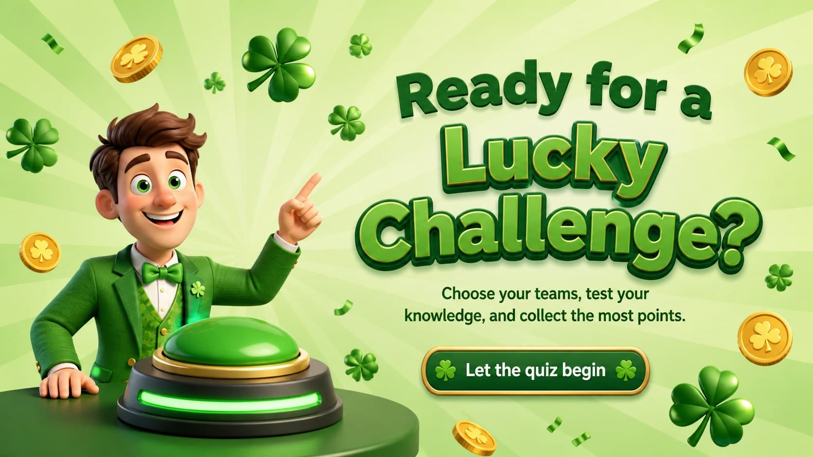 Festive Irish holiday quiz presentation welcome slide featuring original 3D decorations and a start prompt.