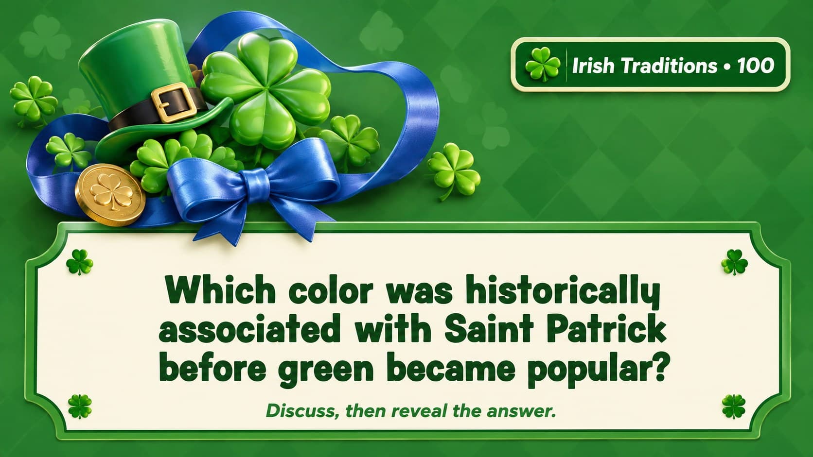 Irish traditions trivia question slide asking about the color historically associated with Saint Patrick.