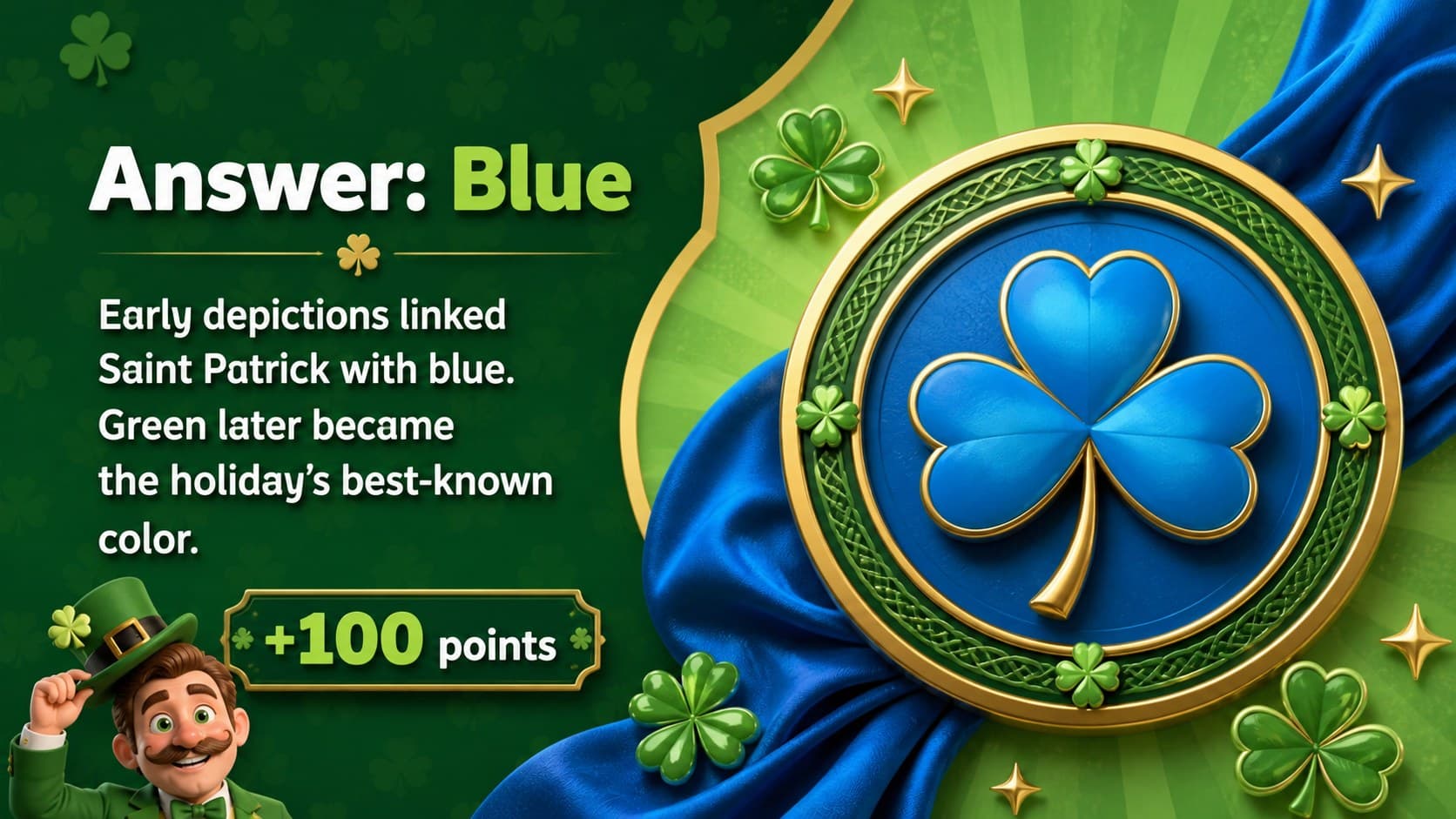 Irish holiday quiz answer slide revealing blue as the historical color linked with Saint Patrick.