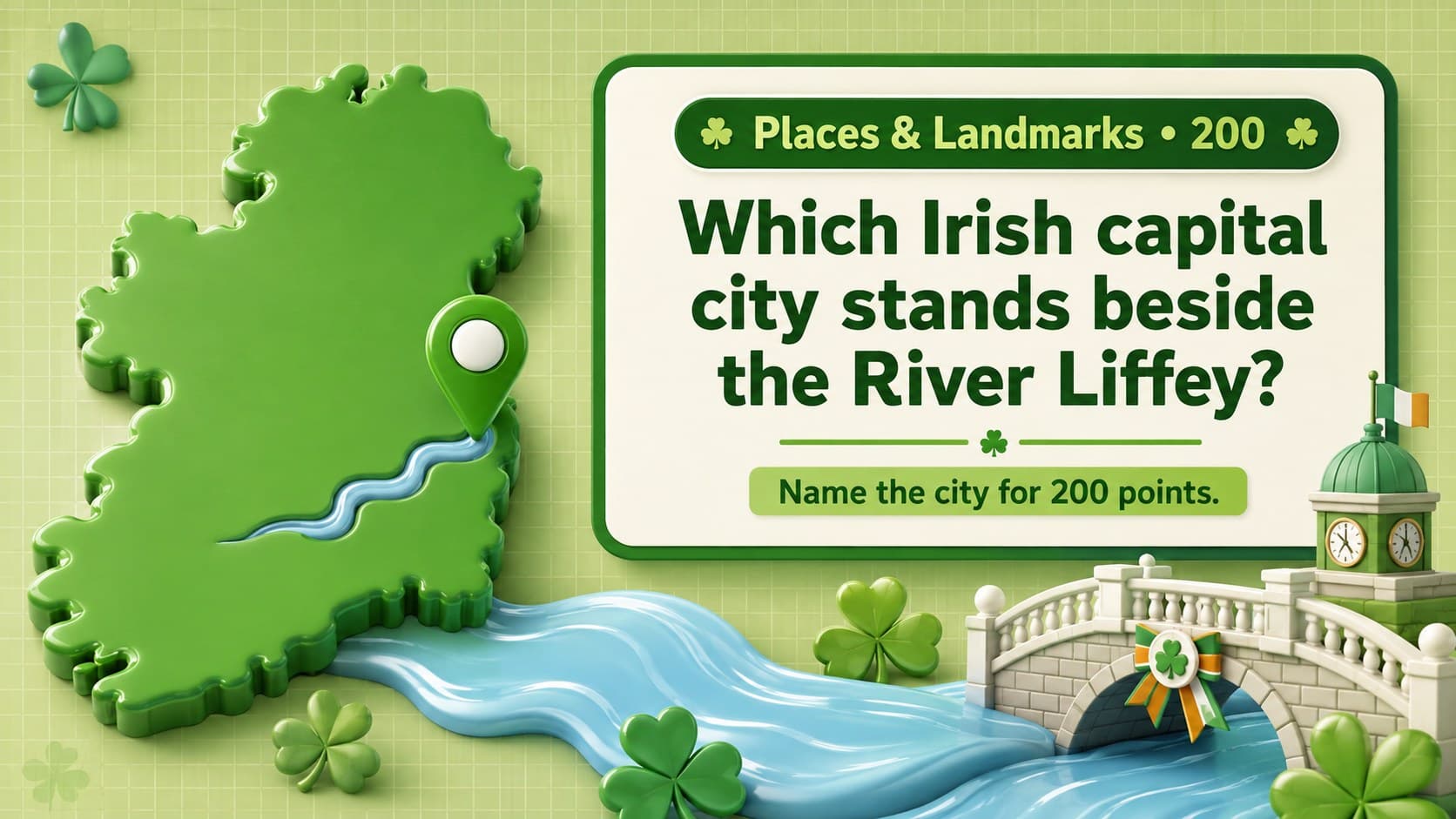 Green 3D trivia deck question asking players to identify the Irish capital beside the River Liffey.