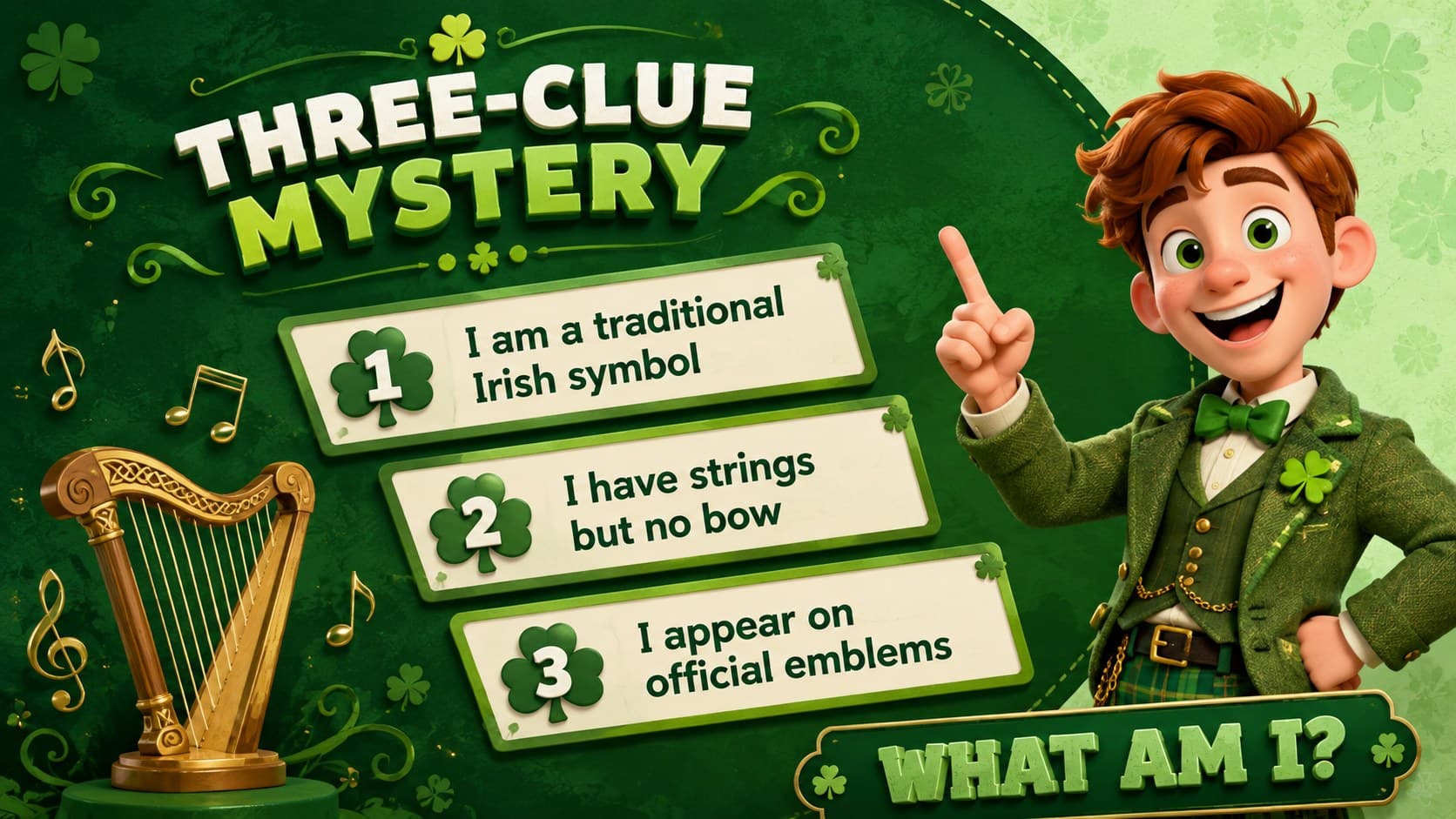 Pub night Irish trivia slide presenting a three-clue mystery round with 3D harp and music decorations.