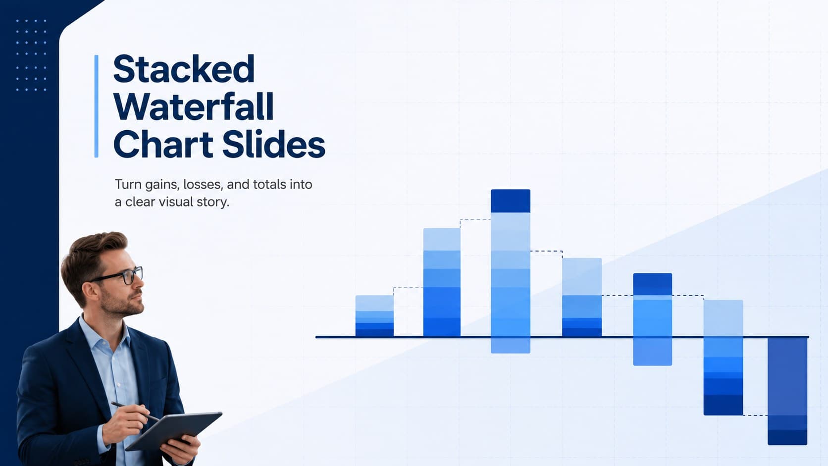 Blue cover for stacked waterfall chart slides with a clean corporate title layout and abstract data bars.