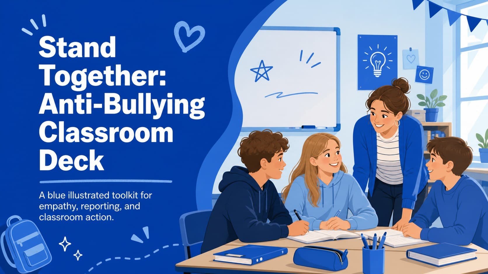 Cover slide introducing an anti-bullying classroom deck with a blue illustrated school community scene.