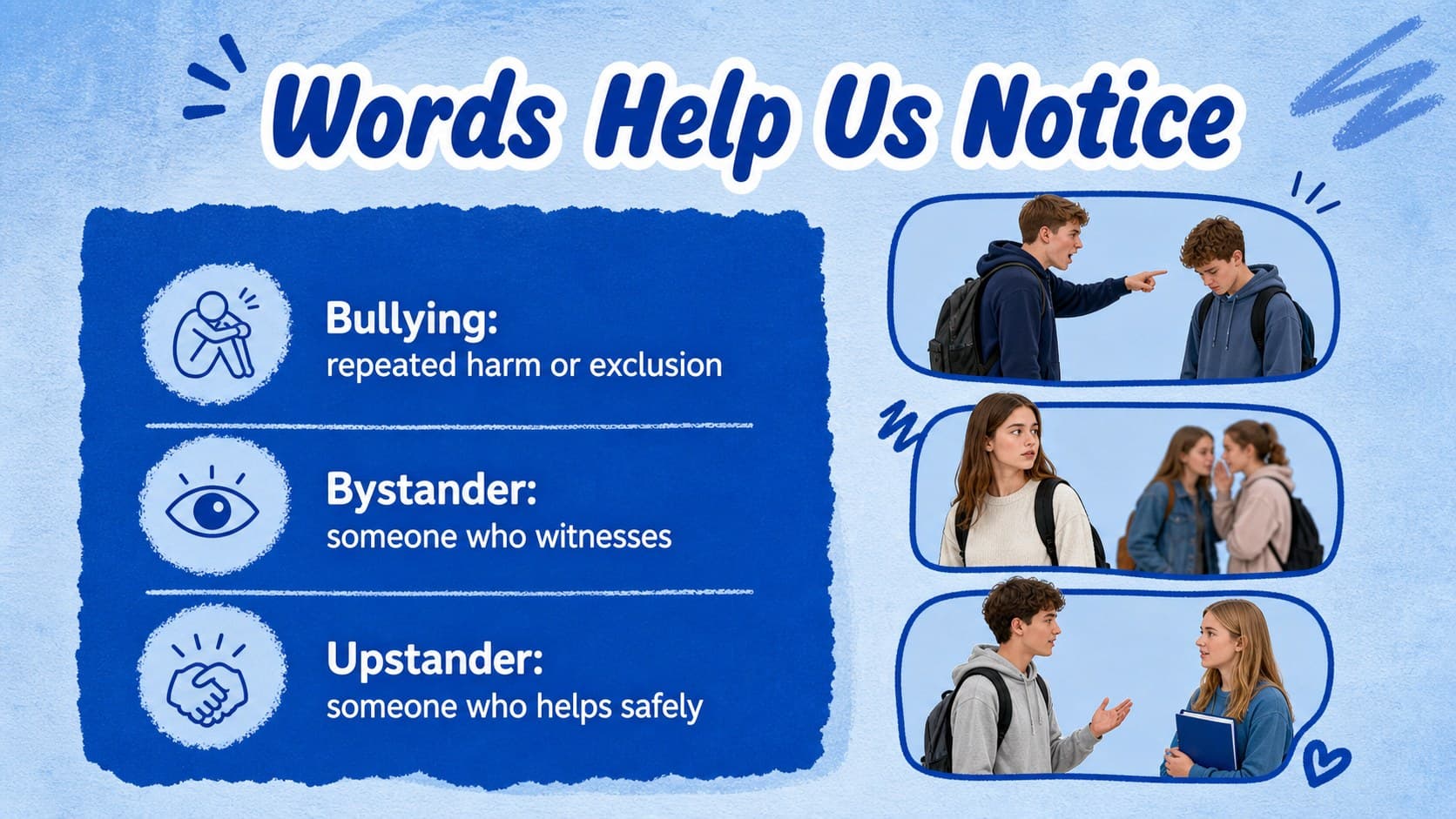 Vocabulary slide defining key terms for an inclusive classroom activity deck.