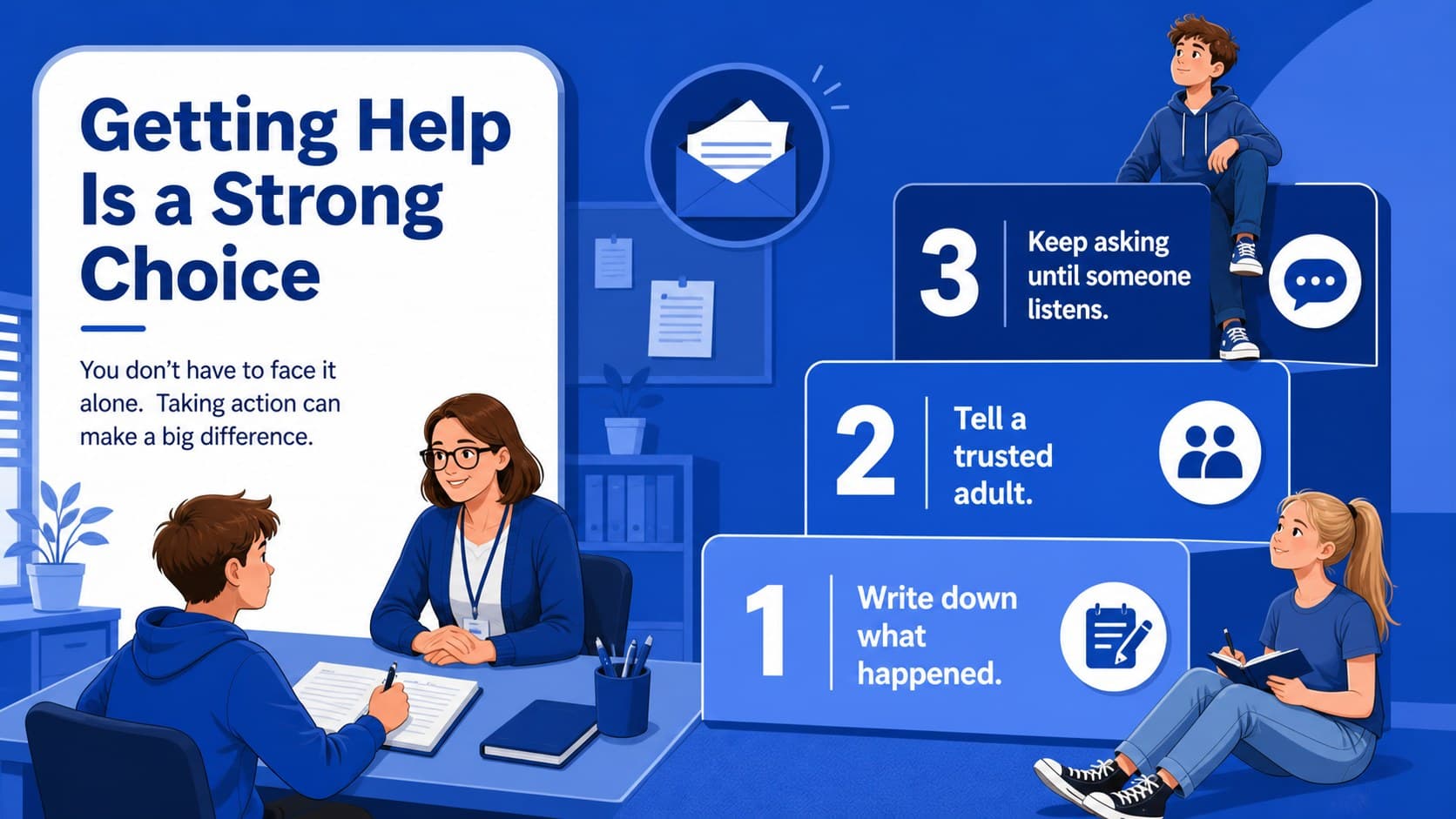Reporting steps slide explaining how students can seek help in an anti-bullying classroom deck.