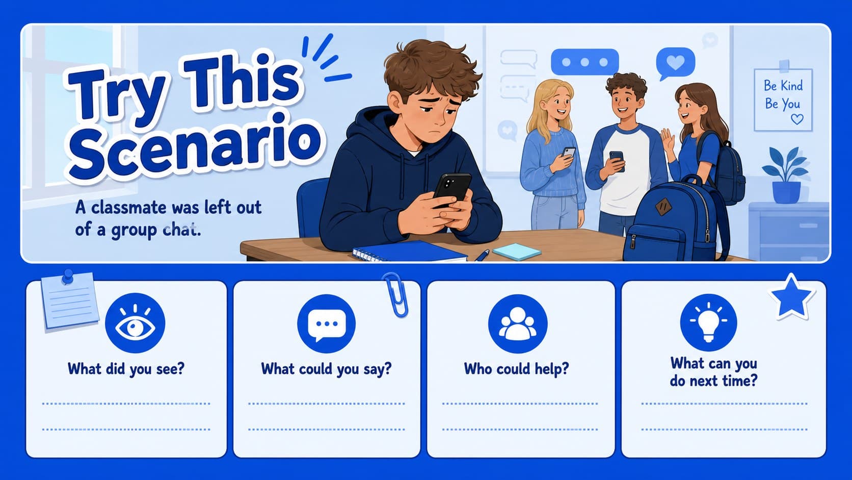 Scenario discussion slide for classroom kindness activities using an illustrated blue school setting.