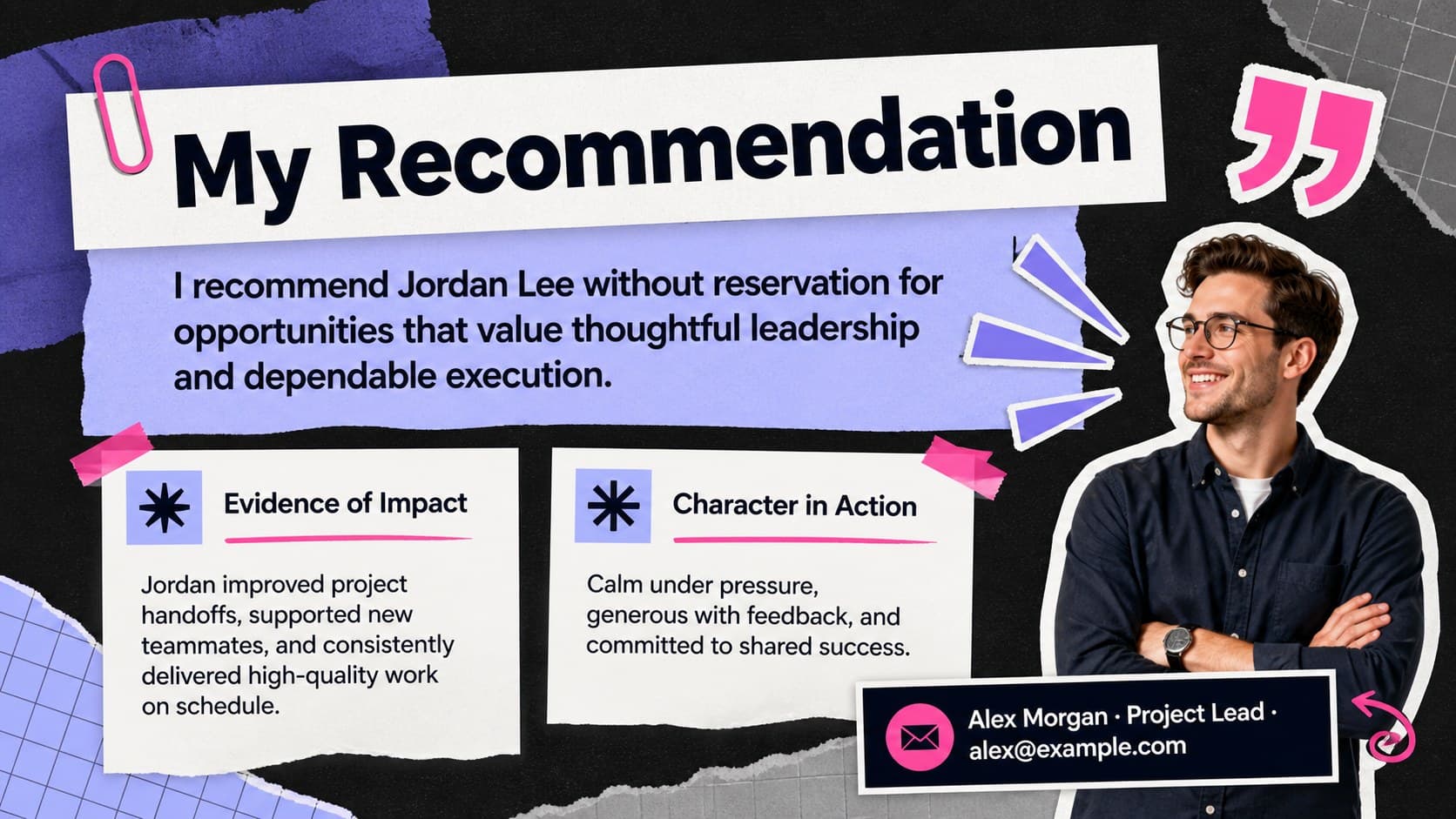 Professional colleague endorsement slide with evidence, personal qualities, and a clear recommendation statement.