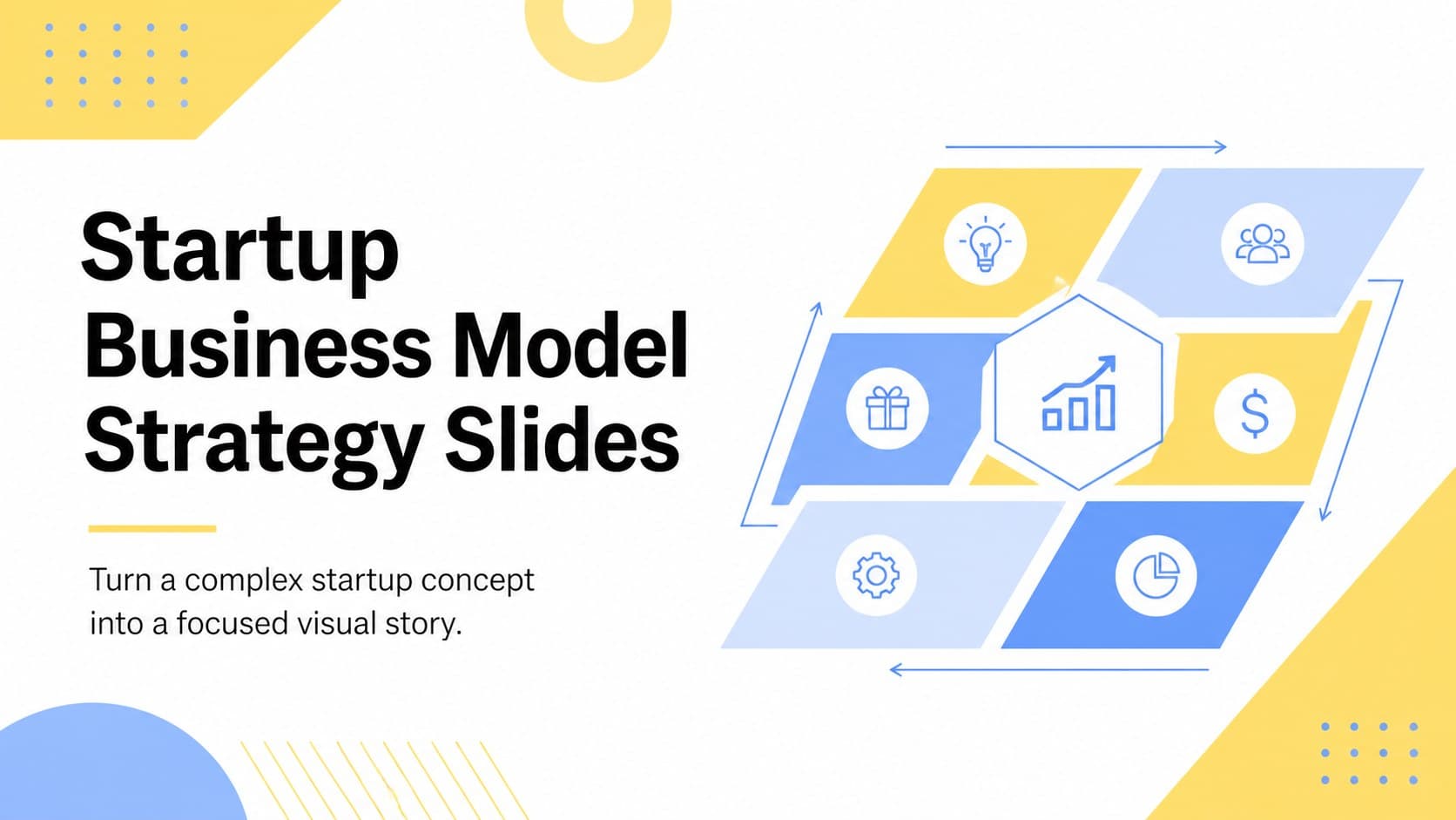 Cover slide for startup business model slides with a bold geometric yellow and blue composition.