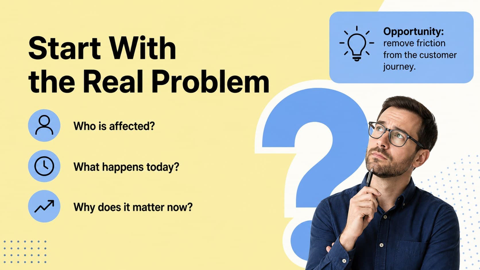 Problem and opportunity slide for an editable startup strategy deck with contrasting yellow and blue content areas.