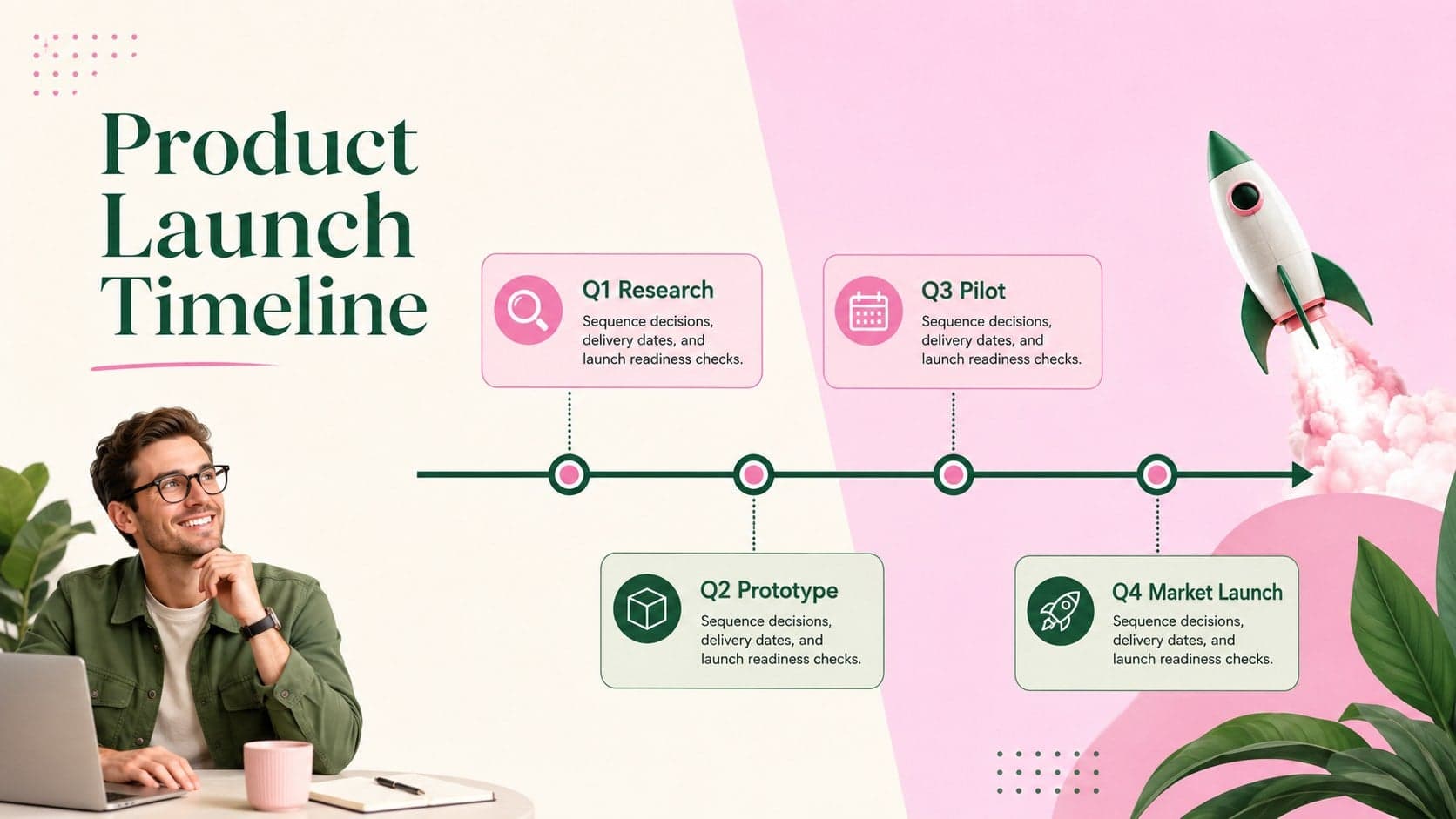 Product launch timeline presentation with quarterly goals and delivery checkpoints.