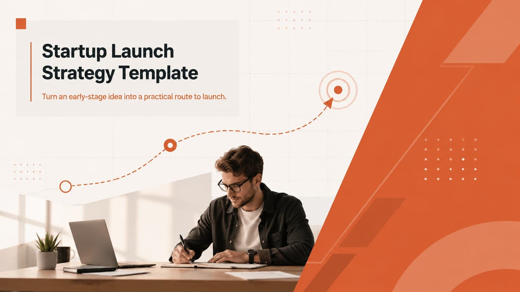 Orange Startup Launch Strategy Template cover with a structured founder planning theme.