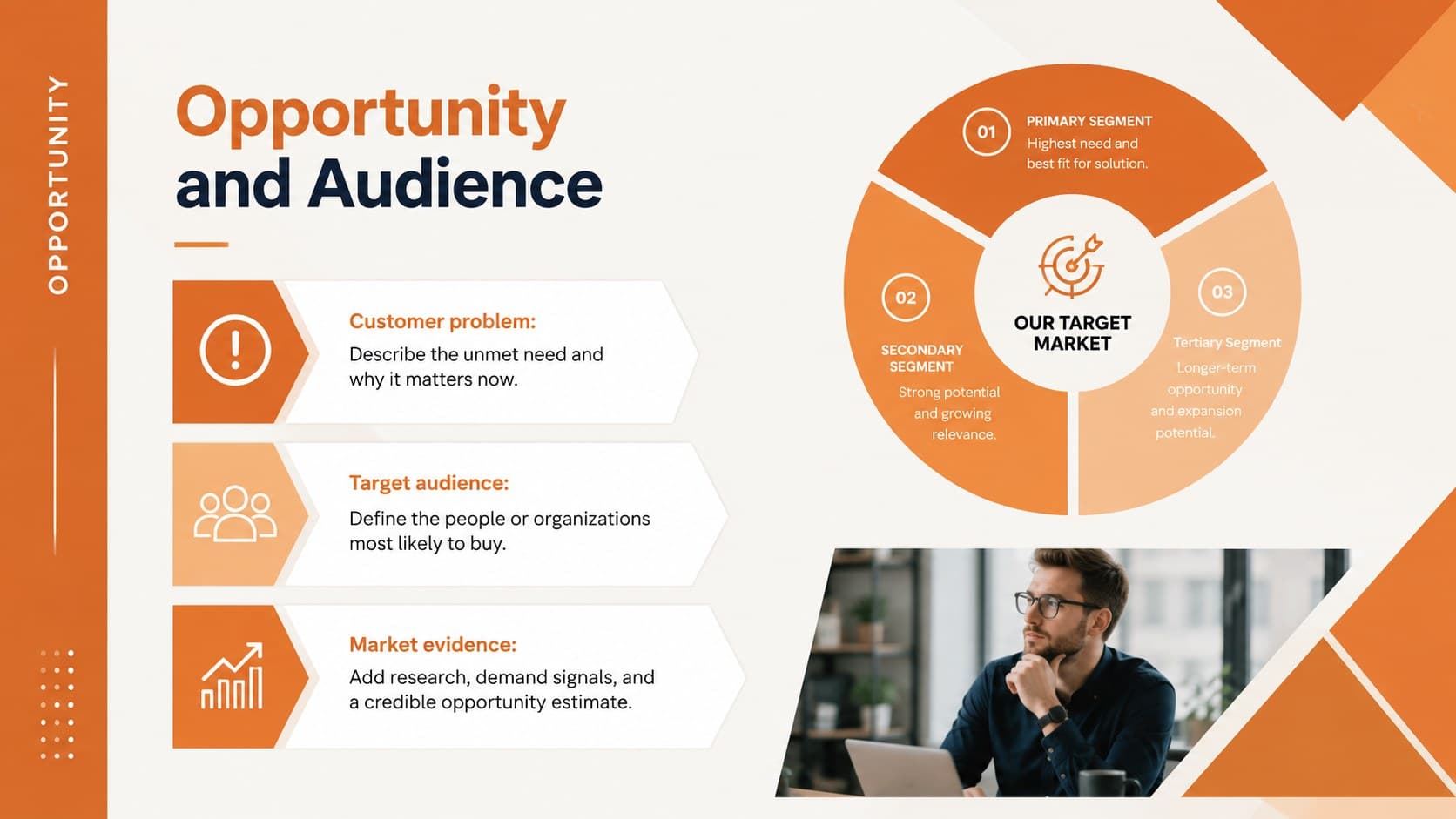 Startup market analysis deck slide outlining the customer problem, target audience, and market opportunity.