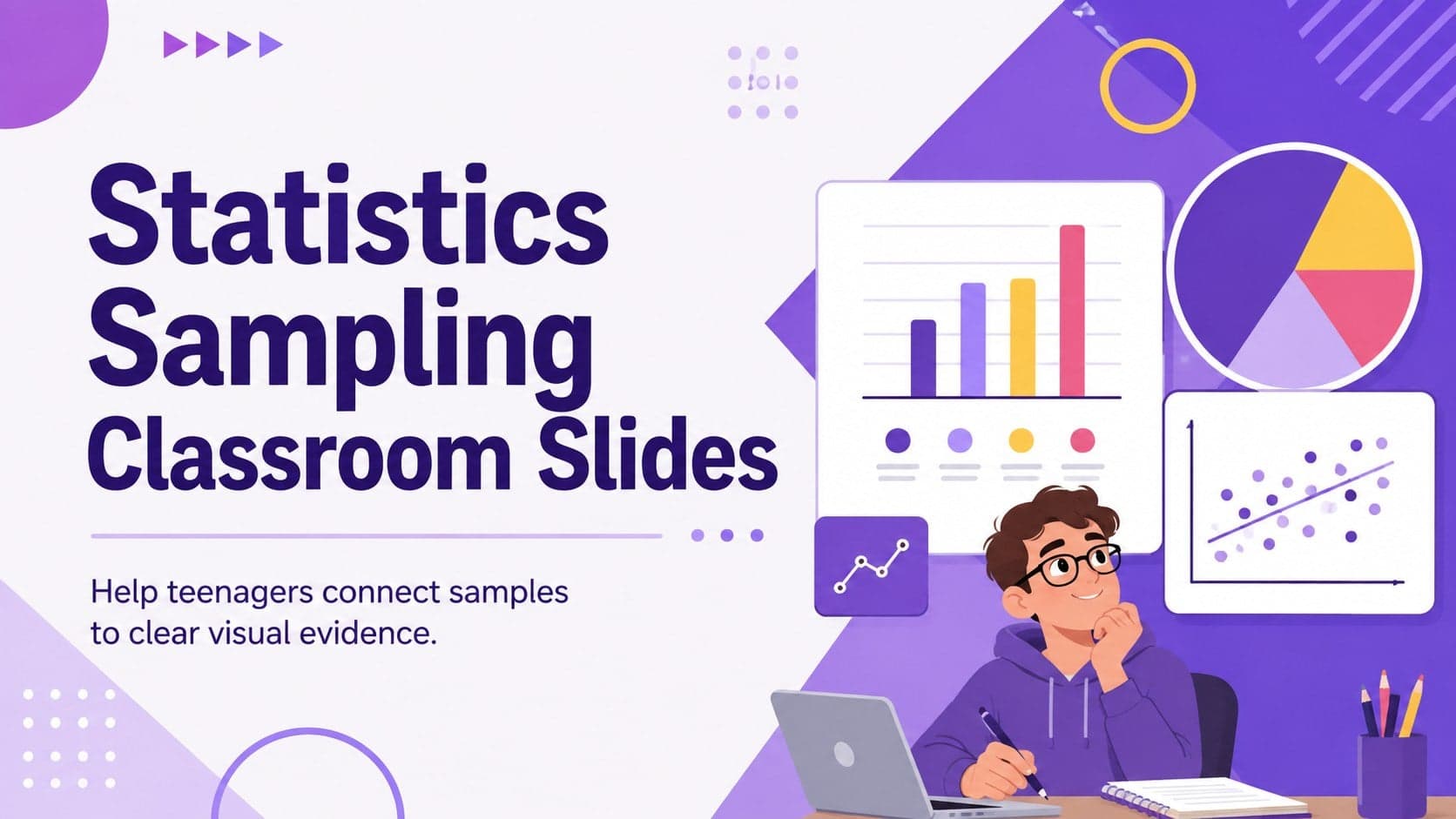 Purple illustrated cover for Statistics Sampling Classroom Slides with statistical charts and classroom-themed graphics.