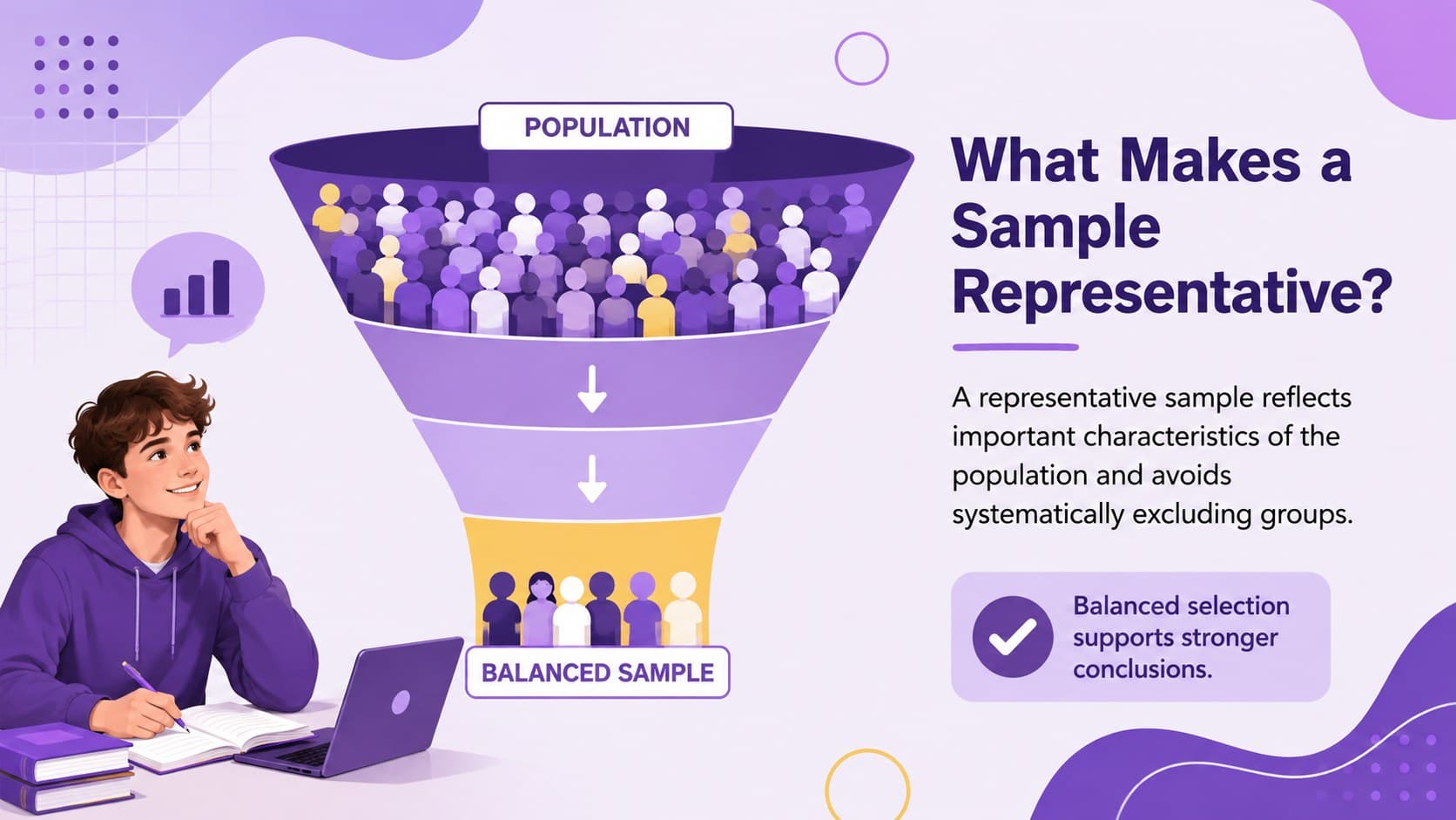 Representative sample classroom slide showing how a balanced student group reflects a larger population.