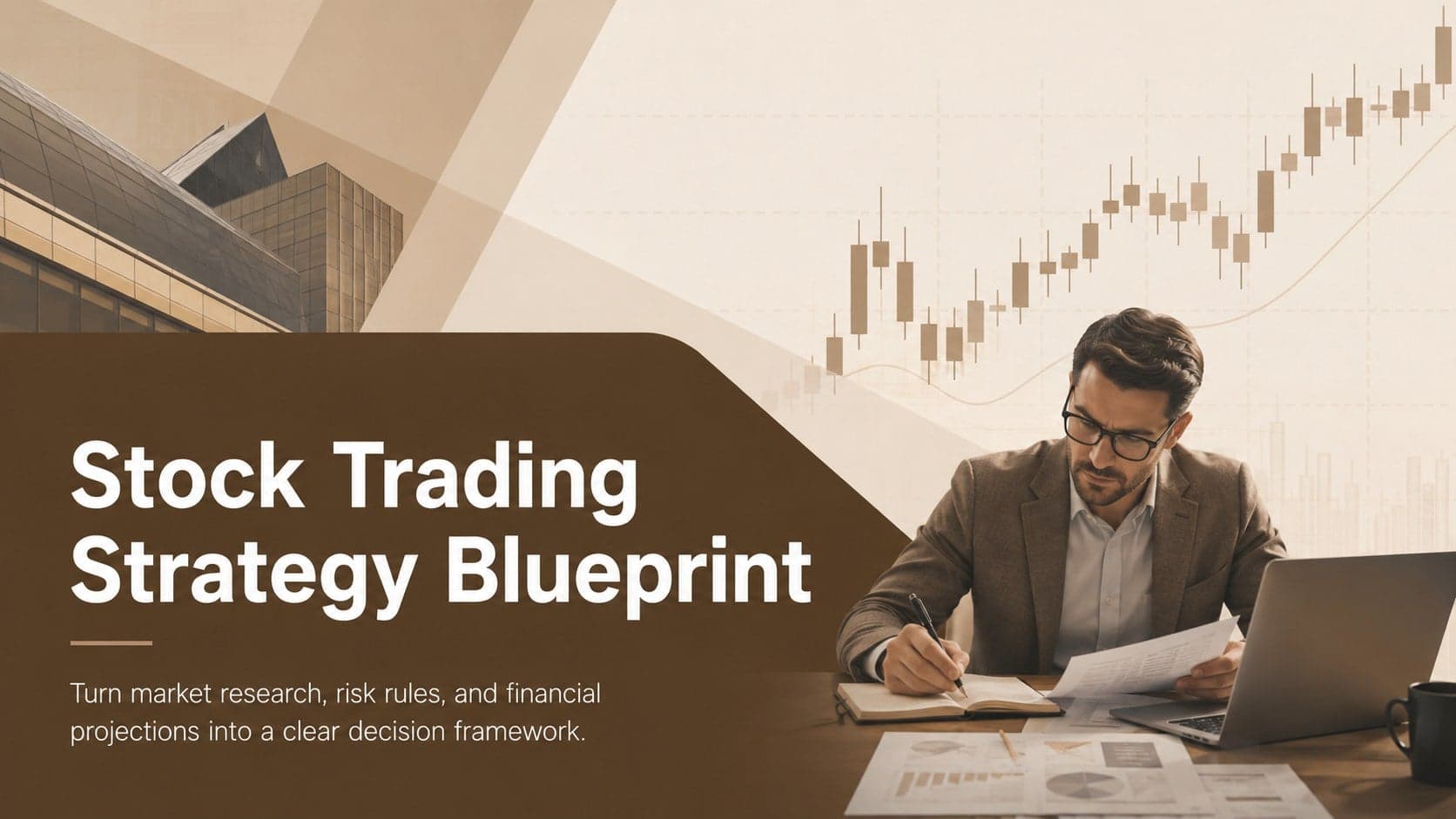 Cover of a Stock Trading Strategy Blueprint in a minimal brown financial presentation style.