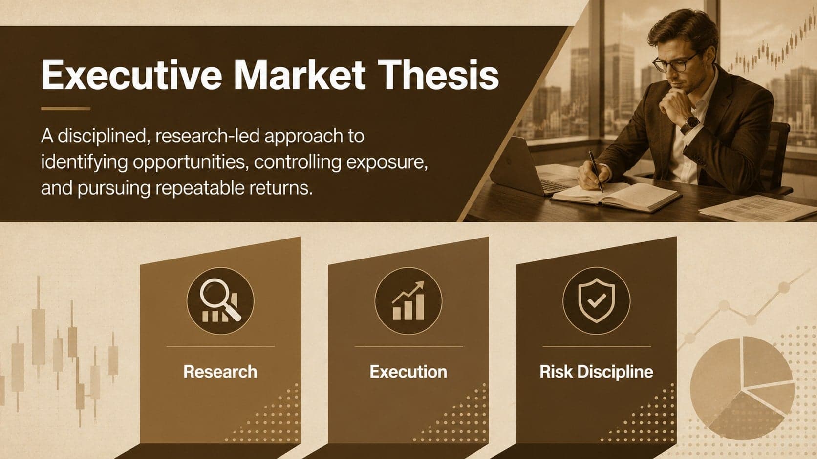 Executive market thesis slide from a professional trading plan presentation with concise strategic priorities.
