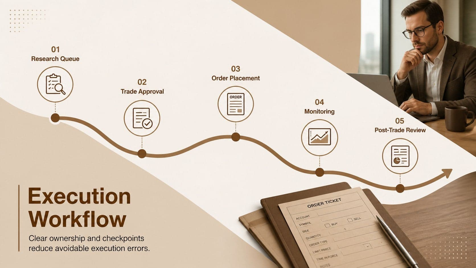 Portfolio execution plan slide mapping a trade from research through post-trade review.