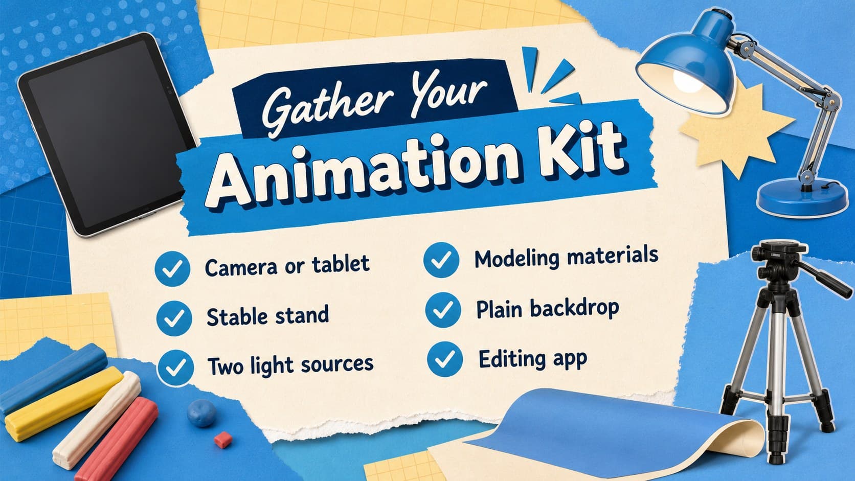 Stop motion classroom slides showing a practical equipment and materials checklist for student filmmakers.