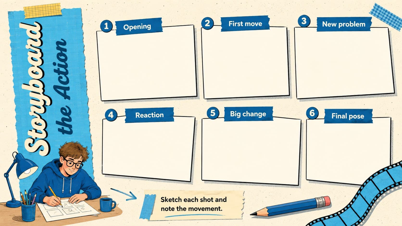 Stop motion storyboard slides with six planning frames for sketching a student animation sequence.