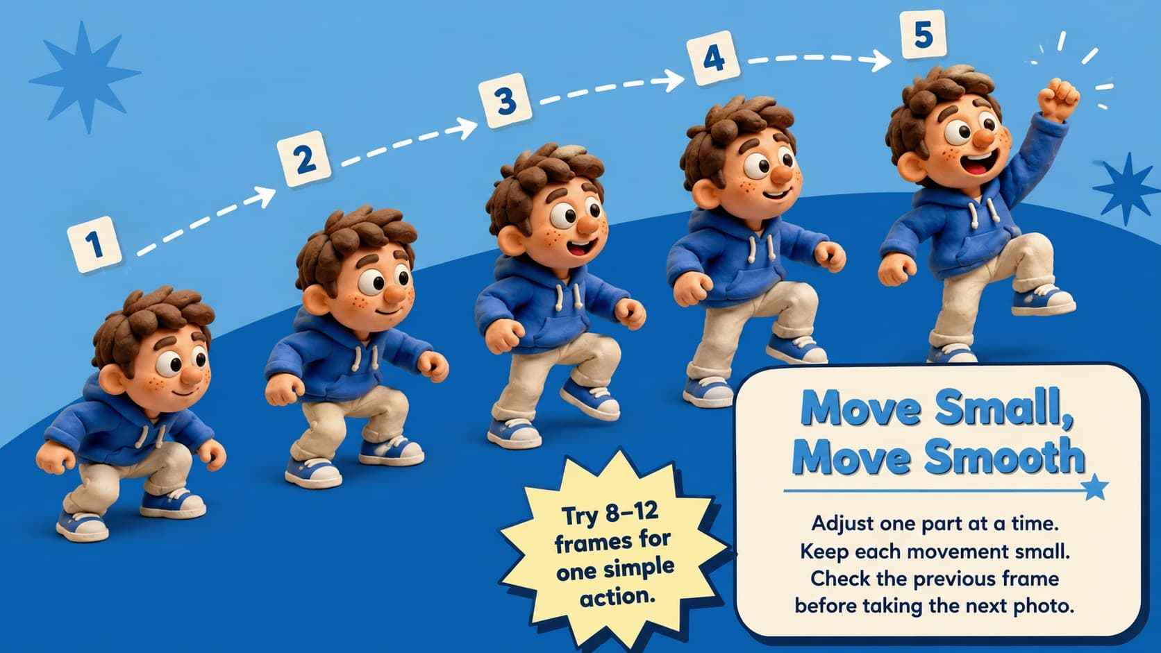 Frame-by-frame animation classroom activity slide demonstrating small controlled character movements.