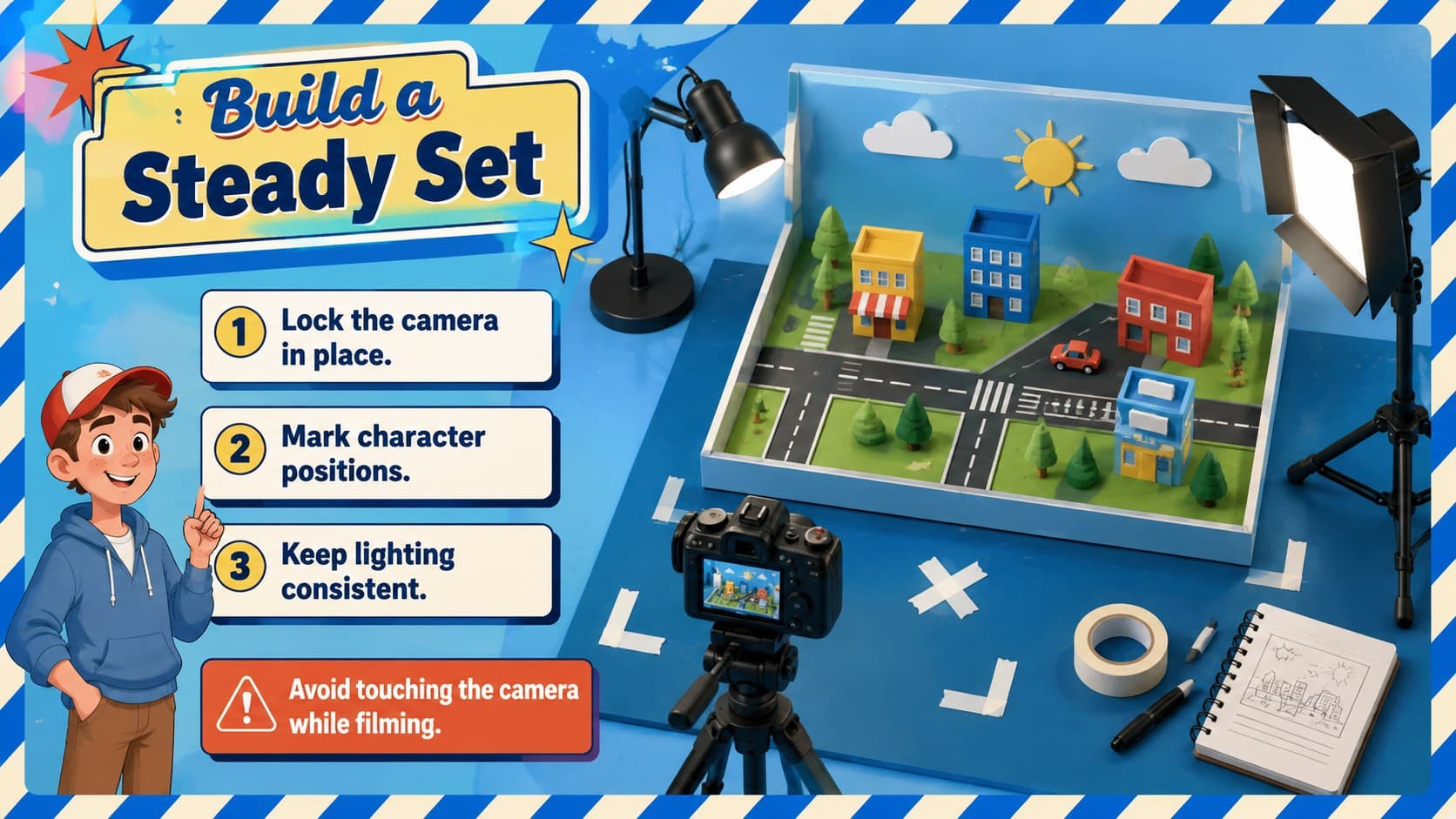 Beginner stop motion project deck slide explaining stable camera, lighting, and scene setup techniques.