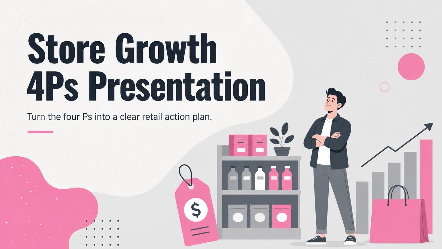 Cover for a Store Growth 4Ps Presentation with modern grey-and-pink retail illustrations.