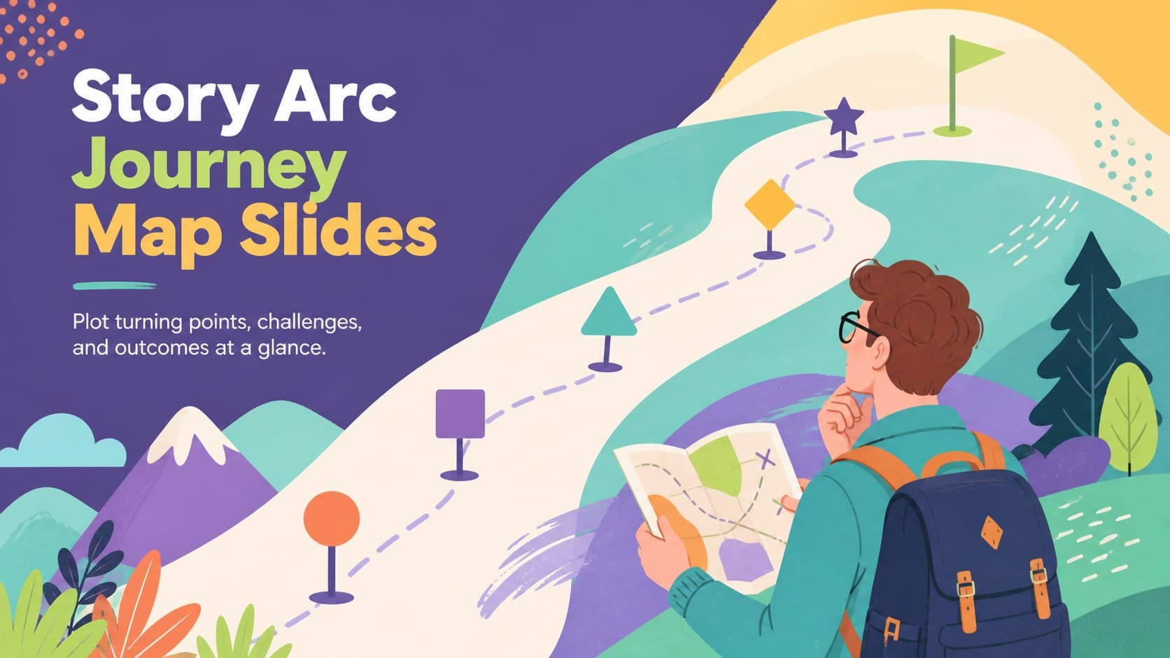 Colorful Story Arc Journey Map Slides cover featuring an original adventurer and a winding narrative path.