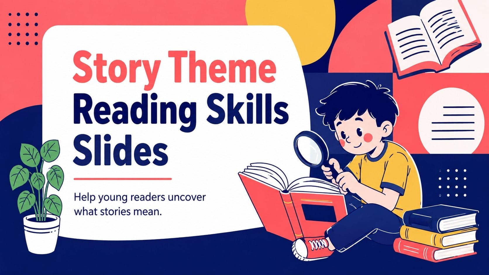 Colorful cover for Story Theme Reading Skills Slides with playful red and blue reading illustrations.