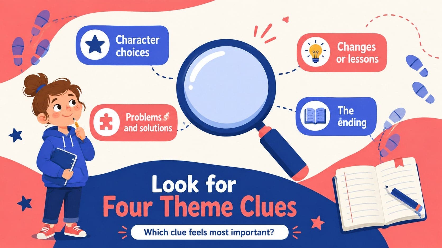 Elementary story theme strategy slide showing four clues readers can investigate.