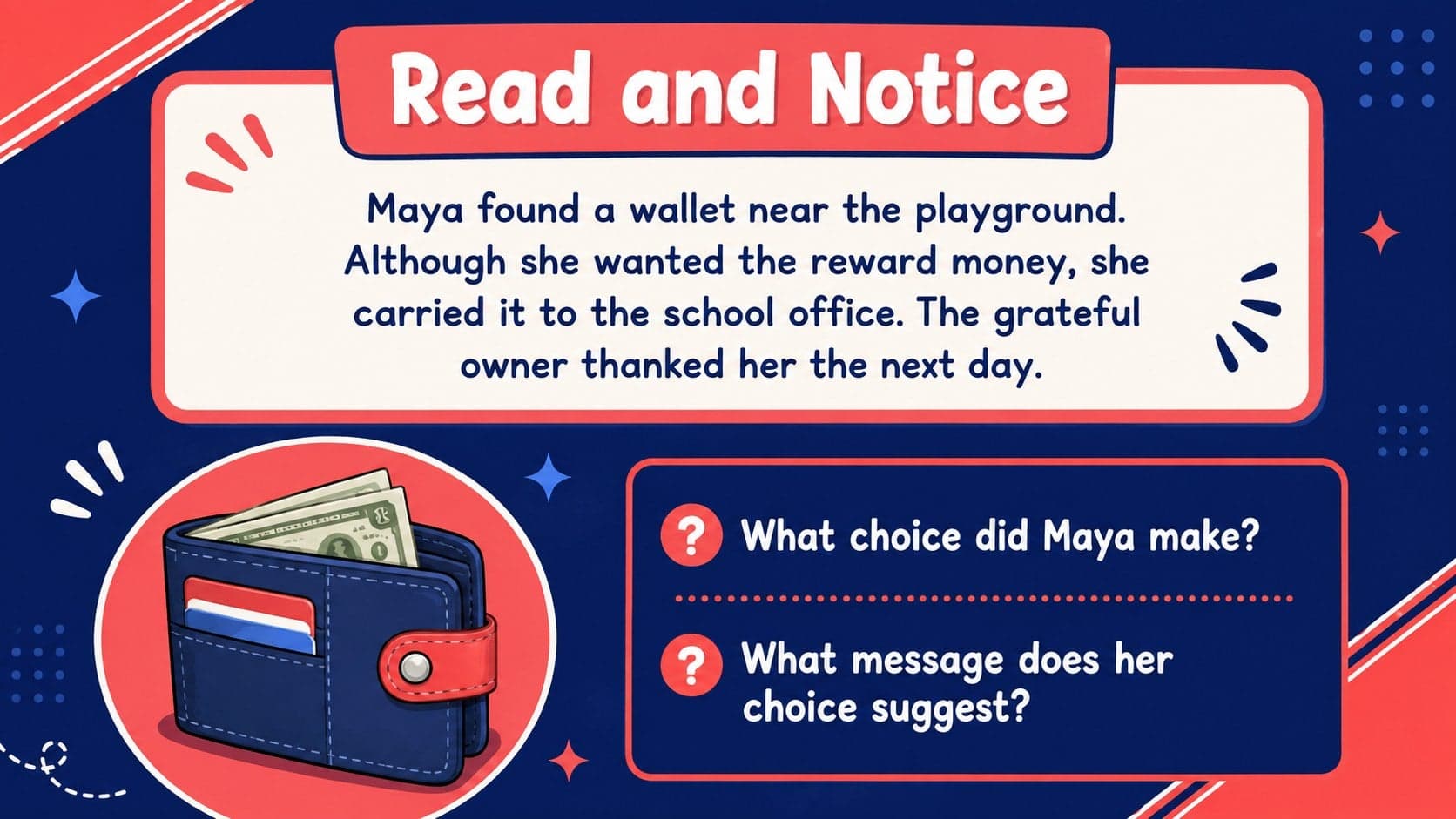 Guided story theme practice slide featuring a short tale about returning a lost wallet.