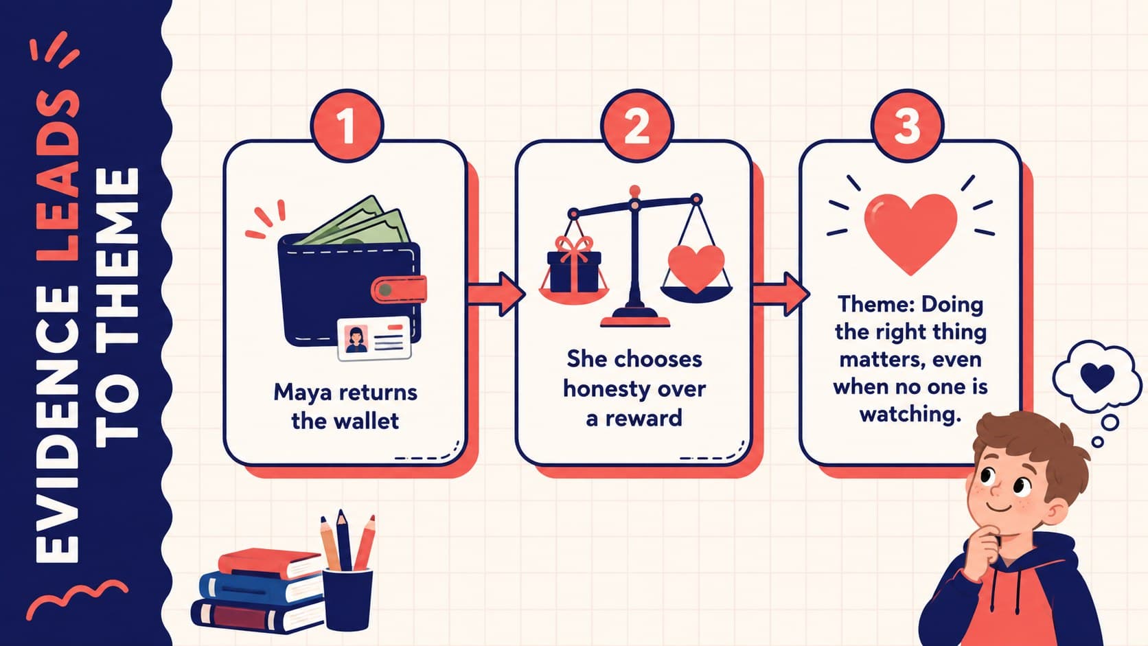 Guided reading comprehension slide connecting story evidence to a theme statement.