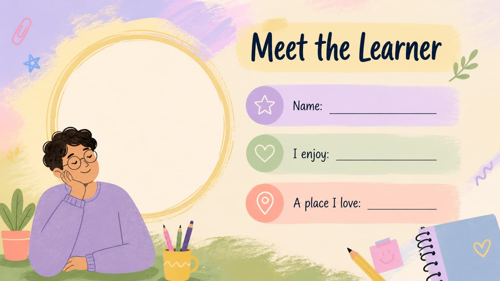 Editable pastel profile slide for presenting a student's name, interests, and personal details.