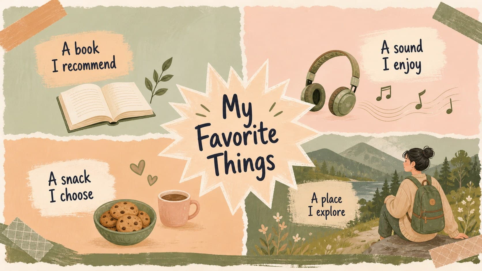Colorful classroom activity slide showing a pastel favorite-things profile layout.