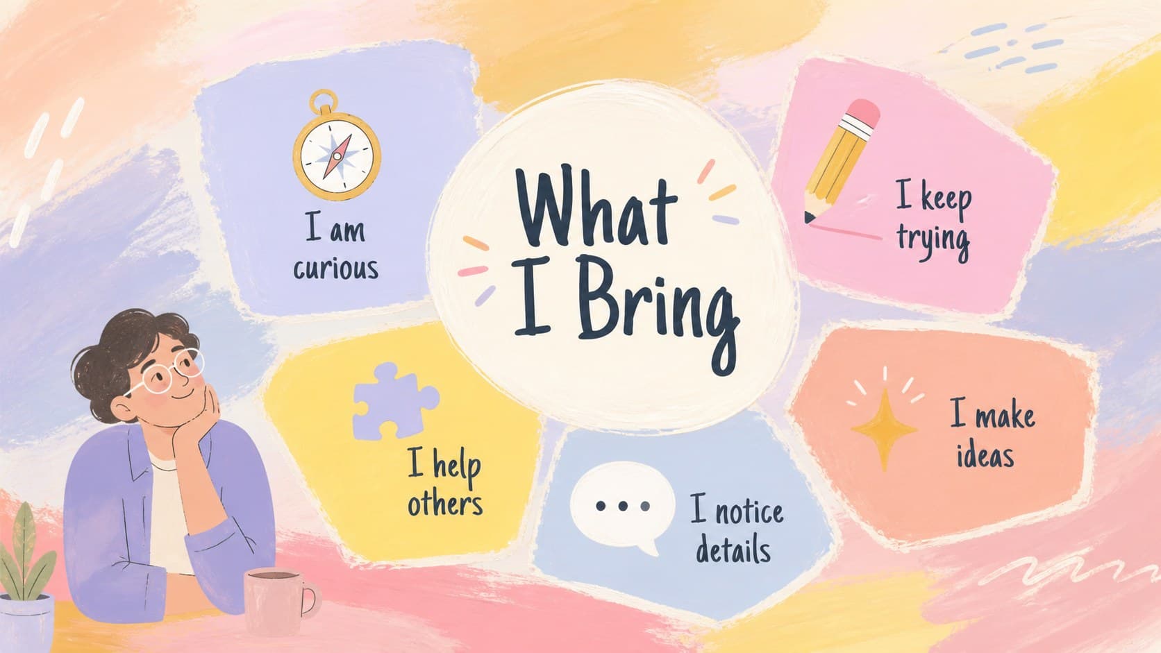 Pastel strengths worksheet slide for a student biography presentation template.