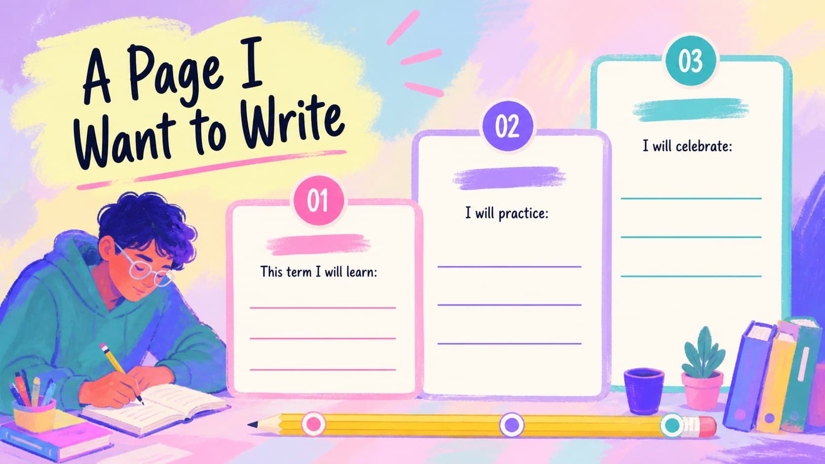 Pastel goal-setting slide for a back-to-school identity activity with student reflection prompts.