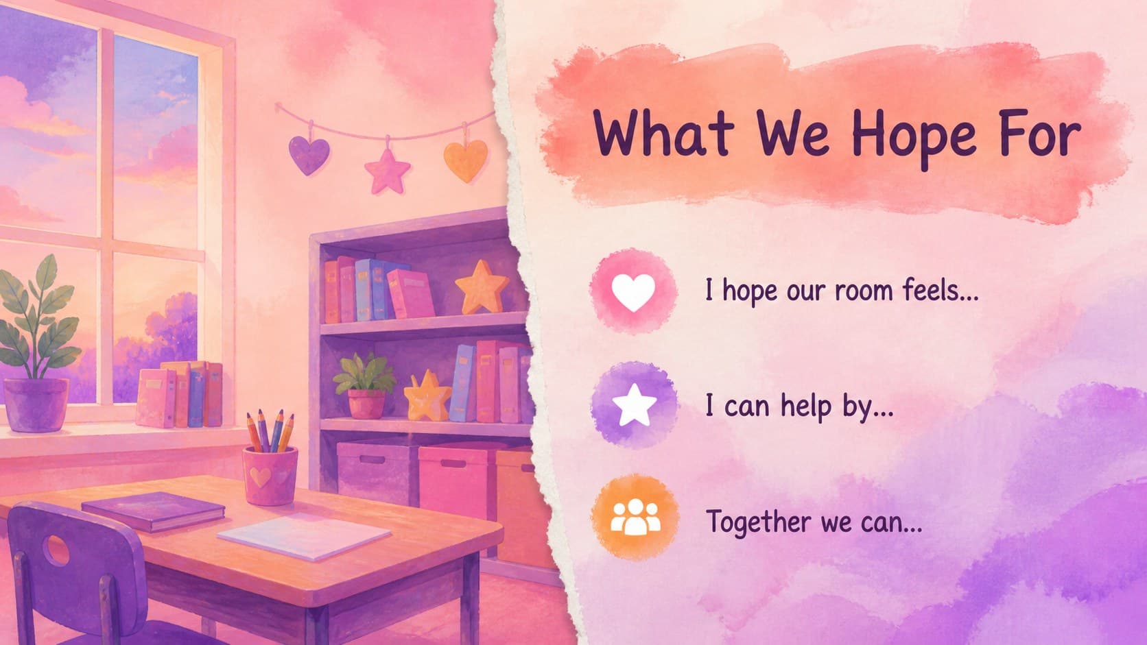 Creative student introduction deck slide comparing classroom hopes in a pastel two-column layout.