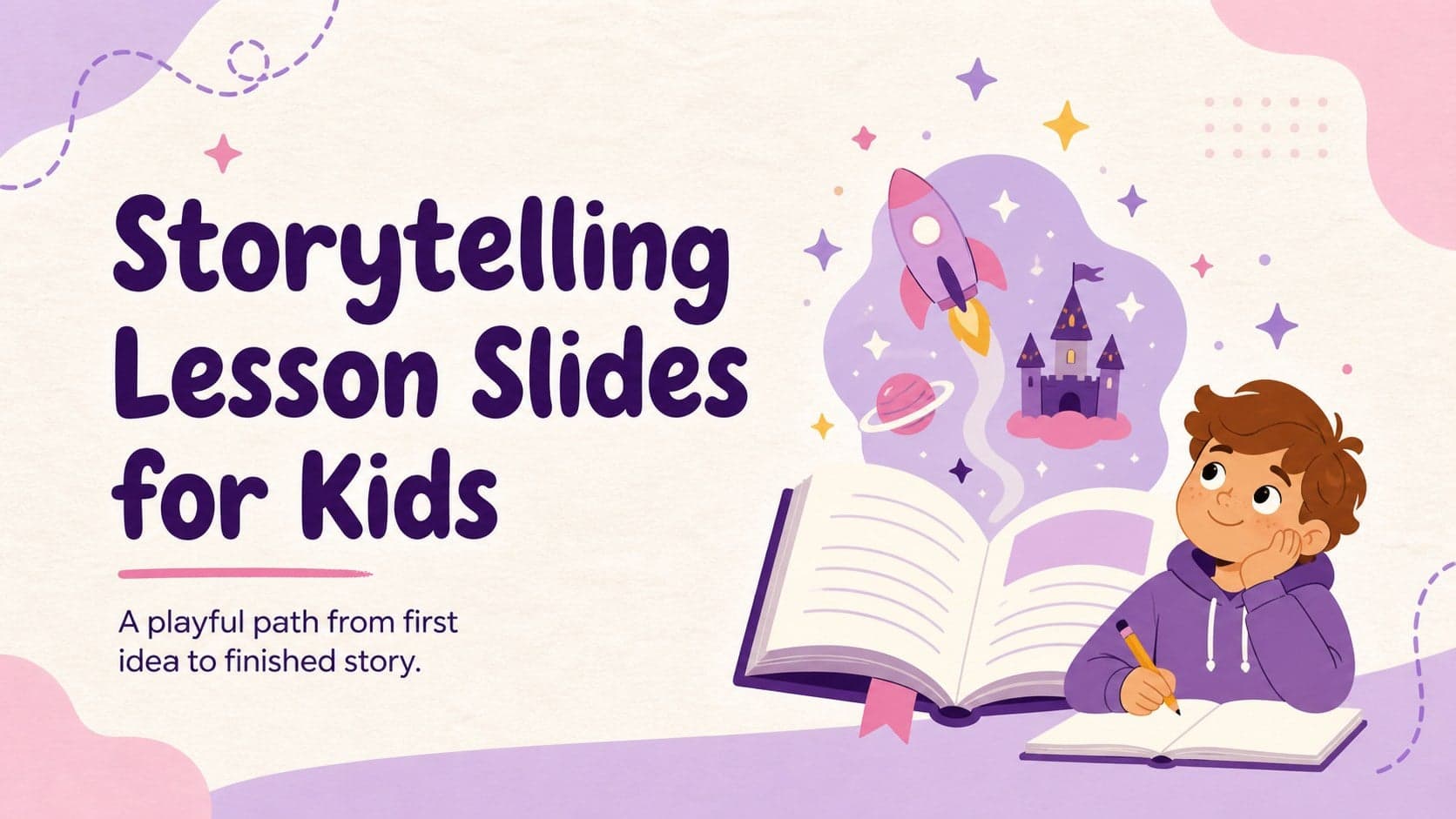 Pink illustrated cover introducing storytelling lesson slides for kids with a playful classroom writing theme.