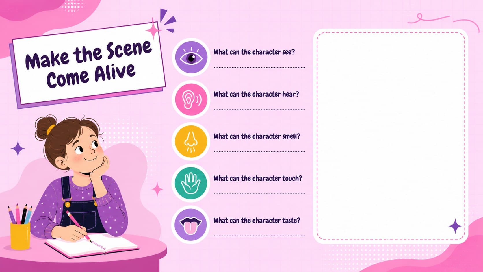 Sensory detail writing slide with prompts for making a story scene vivid.