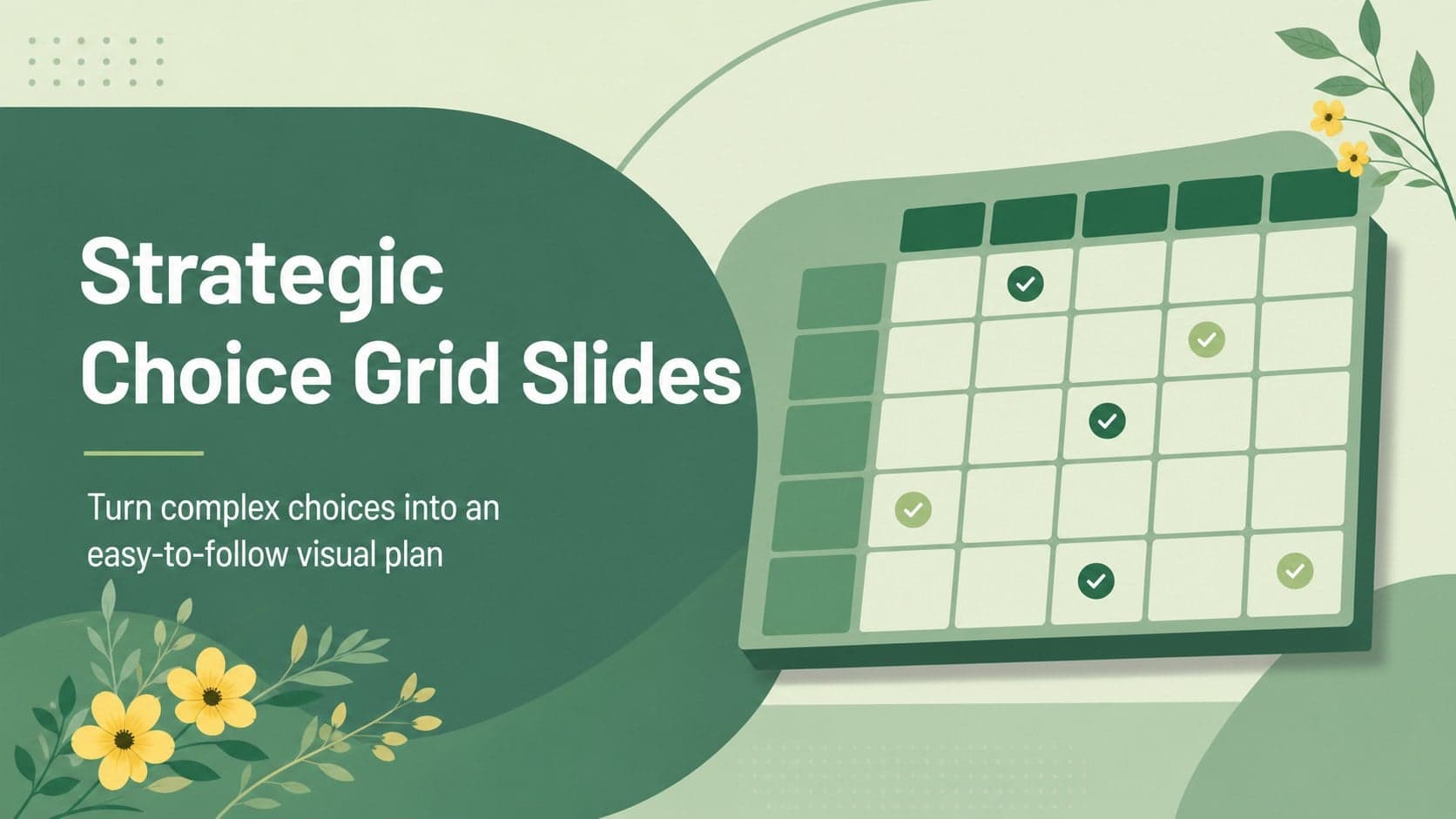 Cover slide presenting strategic choice grid slides with a bright green illustrated business planning aesthetic.