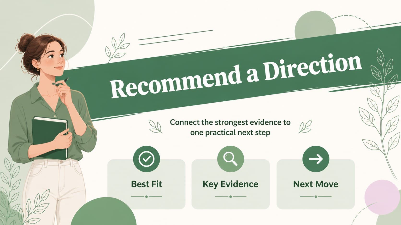 Recommendation infographic slide showing a selected direction and next steps for visual decision analysis.