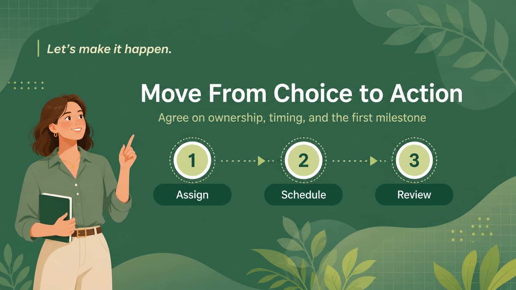 Closing action-plan infographic with green milestone steps for a team planning presentation template.